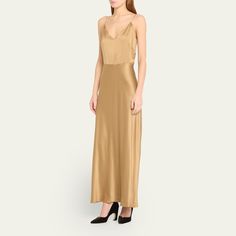 Chloe slip dress featuring a waist seam Chloe x Atelier Jolie collaboration V neckline Sleeveless A-line silhouette Full length Invisible back zip Silk Lining: Silk Imported Silk Maxi, Maxi Slip Dress, Halterneck Dress, V Neckline, Chloe, Full Length, Slip Dress, Tops Designs, Top Brands