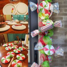 a collage of photos with plates and candy canes hanging from the side of a table