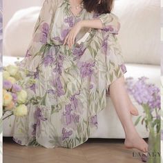 Lasaky - Floral Fusion Tea Gown Feminine V-neck Spring Gown, Feminine V-neck Gown For Spring, Spring Floral Print V-neck Gown, Spring Garden Party Gown With Long Sleeves, Long Sleeve Gown For Spring Garden Party, Green Gown For Spring Garden Party, Summer Floral Print Long Sleeve Gown, Elegant Long Chiffon Dress For Spring, Summer Green Floral Print Gown