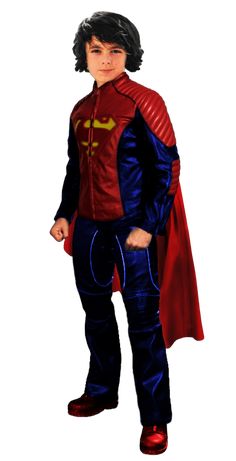 a boy in a superman costume standing with his hands on his hips and wearing a red cape