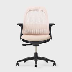 a white office chair with black legs and an upholstered back, viewed from the front