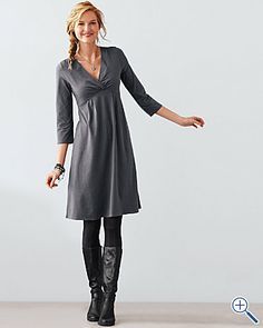 dresses and boots - Google Search How To Wear Leggings, Jersey Knit Dress, Garnet Hill, Empire Dress, Original Clothes, Dandy, Gray Dress