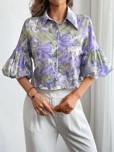 Purple Boho Collar Three Quarter Length Sleeve Woven Fabric Floral,All Over Print Shirt Embellished Non-Stretch  Women Clothing Printed Shirts For Women, Floral Shirts, Fashion Top Outfits, Career Fashion, Boho Style Dresses, Fabric Floral, Stylish Dress Designs, Women Blouses, Fashion Design Clothes