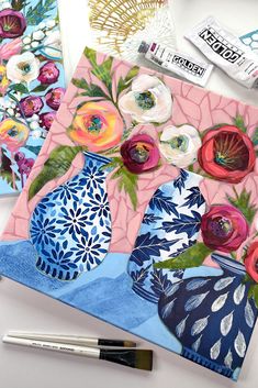 A joyful floral painting course! ​ ​Petals & Pattern guides you step-by-step to create two full-sized mixed media paintings, celebrating Roses, Peonies, and blue & white patterns.