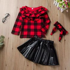 Fall/Winter Toddler Girls Fashion Outfit This Complete Set Includes A Plaid Shirt, Leather Skirt, And Matching Headband. On Trend Fashion For Any Occasion. Nwt Boutique Item. Girls Fall Fashion, Pu Skirt, Pu Leather Skirt, Pencil Skirt Outfits, Rock Outfit, Uk Clothing, Black Leather Skirts, Clothes Set, Girls Clothing Sets