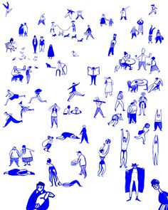 blue and white drawing of people in various poses, with one man holding a surfboard