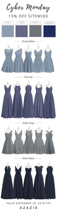 the different colors of dresses are shown in this image, and each color is blue