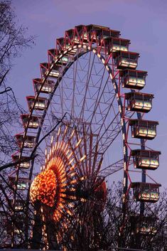 a ferris wheel lit up at night with trees in the foreground and blue sky behind it