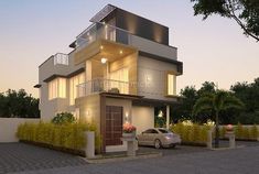 a car is parked in front of a two story house at night with lights on