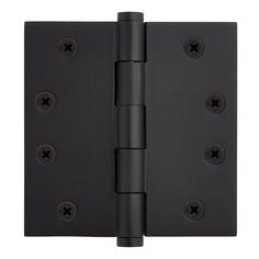 an image of a black door hinge with four holes on the front and side