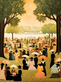 a painting of people sitting in the grass under trees and holding umbrellas while watching fireworks go off