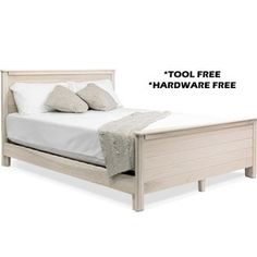 a bed with two pillows on top of it and the words tool free hardware free