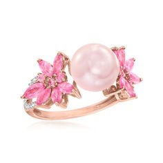 Ross-Simons - 9-9.5mm Pink Cultured Pearl Ring, .93ct t. w. Pink Sapphires, .13ct t. w. Diamonds. Size 5. Embrace the divine opulence of this stunning pink statement ring! On it, a gleaming 9-9.5mm pink cultured freshwater pearl is flanked by glorious floral-inspired clusters of .93 ct. t. w. multi-shaped pink sapphires and .13 ct. t. w. diamonds. Set in polished 14kt rose gold. Diamond, pink sapphire and pink pearl ring. Pearl birthstones are the perfect gift for June birthdays. Pink Pearl Ring, Pink Sapphire Pendant, Cultured Pearl Ring, Pink Sapphire Earrings, Pearl Birthstone, Sapphire Necklace Pendants, Ring Pearl, Wedding Plan, June Birthstone Jewelry