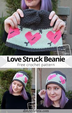 a woman holding up a crocheted love struck beanie with hearts on it