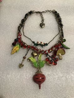 Betsey Johnson Farmhouse Beet Cherry Corn Necklace NWOT Rare | eBay Funky Beaded Necklace, Weird Necklaces, Chunky Beaded Necklace, Maximalism Jewelry, Eccentric Accessories, Fairy Grunge Jewelry, Nostalgic Jewelry, Clutter Necklace, Funky Necklaces