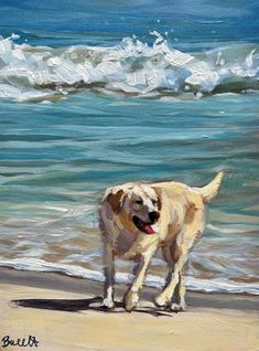 a painting of a dog on the beach with waves coming in from the ocean behind him