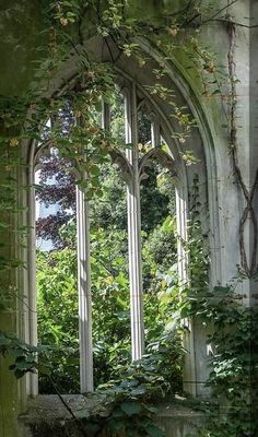 an old building with ivy growing on it's walls and windows in the middle