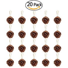 20 pine cone ornaments hanging from strings on a white background