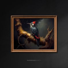 a painting of a bird sitting on a tree branch in a frame with dark background