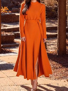 An exclusive offer for you——Affordable prices at Stylewe store, SPU: 11TSWA837C1, Color: Orange, Style:Elegant, Sleeve Type:Regular Sleeve. Winter Solid Belted Dresses, Winter Solid Color Belted Dress, Maxi Dress With Belt, Elegant Party Dress, Bodycon Dress Formal, Dress Name, Sweater Maxi Dress, Orange Outfit, Fitted Maxi Dress