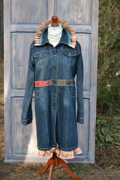 Denim Jacket With a Denim Coat | Etsy Festival Denim Patchwork Outerwear, Bohemian Denim Jacket For Fall, Hippie Patchwork Denim Jacket For Fall, Bohemian Denim Jacket With Patches For Fall, Bohemian Denim Jacket With Pockets For Fall, Bohemian Dark Wash Denim Jacket For Fall, Fitted Bohemian Denim Outerwear, Fitted Bohemian Denim Blue Outerwear, Bohemian Blue Denim Jacket For Winter