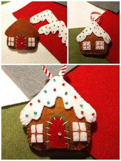 four different pictures of gingerbread house ornaments