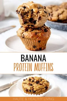 banana protein muffins stacked on top of each other