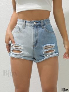 Bjux - Womens High Waisted Denim Shorts with Colorblock Design and Distressed Details, Featuring Slash Pockets - Stylish Denim Jeans and Fashionable Clothing Trendy Two-tone Denim Bottoms, Trendy Patchwork Jean Shorts, Trendy Patchwork Short Jeans, Summer Patchwork Cutoff Jeans, Denim Blue Color Block Denim Bottoms, Color Block Denim Bottoms In Denim Blue, Denim Blue Color Block Bottoms, Color Block Denim Blue Bottoms, Trendy Color Block Bottoms For Summer