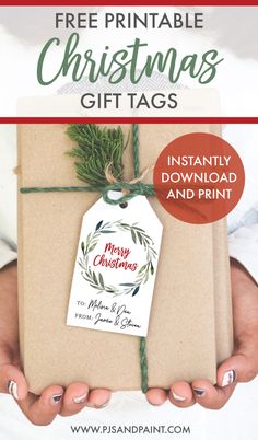 a person holding a christmas gift with the words free printable christmas tags on it