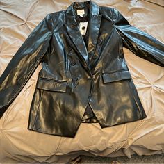 Nine West Black Pleather Blazer - Never Worn. Size Medium. Black Faux Leather Blazer For Formal Occasions, Faux Leather Party Blazer For Fall, Fall Party Faux Leather Blazer, Party Black Leather Blazer, Black Faux Leather Blazer For Spring, Spring Black Faux Leather Blazer, Black Leather Jacket For Spring Formal, Black Leather Blazer For Night Out, Nine West