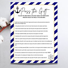 a blue and white striped paper with the words pass the gift written in black on it