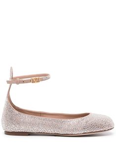 light pink calf leather crystal embellishment round toe buckle-fastening ankle strap flat leather sole Valentino Garavani Shoes, Shoes Silver, Ankle Strap Flats, Ballerina Shoes, Silver Shoes, Crystal Embellishment, Valentino Garavani, Flat Shoes Women, Calf Leather