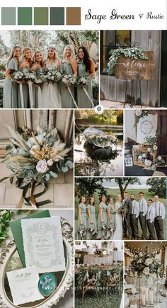 a collage of wedding photos with greenery and green color palettes for the bride