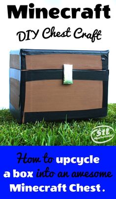 an upcycle minecraft chest on the grass with text overlay that reads how to upcycle a box into an awesome minecraft chest