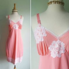 What a peach! 🍑 This darling vintage slip features a fresh apricot-pink hue; crisp white floral lace trim; a graceful, gathered bustline; and a double-lined front panel. Excellent condition. Size: 34 Era: 1960s Label: none, has a blue and white ILGWU tag Material: 100 percent nylon Length: 37.5 inches ♡ more rare and beautiful treasures on Instagram at provenance_vintage Feminine Lace Slip Dress For Wedding, Spring Wedding Slip Dress With Lace Trim, Summer Nightgown With Delicate Lace In Coquette Style, Summer Coquette Nightgown With Delicate Lace, Pink Lace Trim Slip Dress For Daywear, Coquette Summer Nightgown With Delicate Lace, Summer Nightgown With Delicate Lace In Flirty Style, Pink Lace Nightgown For Summer, Pink Lace Summer Nightgown