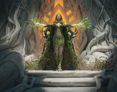 a woman with green hair and an elaborate dress stands in the middle of a forest