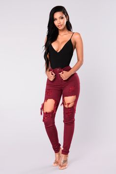 Joey Skinny Jeans - Burgundy Baddie Jeans, Burgundy Fashion, Burgundy Jeans, Fashion Nova Outfits, Poses References, Fashion Design Sketches, High Waisted Jeans, Waist Jeans, Fancy Outfits