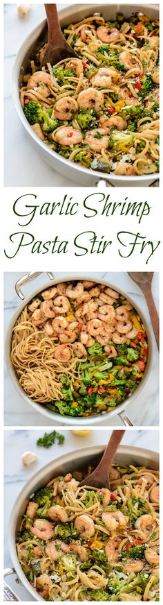 two pictures of shrimp pasta and broccoli in a pan