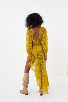 Bouquet lace midi dress with drawstring keyhole at bodice, gathered asymmetrical skirt, long sleeves with functional cuff and open back detail with tie across shoulders. Tiana Dress, Yellow Midi Dress, Lemon Dress, Wedding Lingerie, Asymmetrical Skirt, For Love & Lemons, Lace Midi, Love And Lemons, Lace Midi Dress