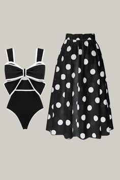 Elevate your beach style with our Women’s Summer Beach Vacation Contrast Color Bowknot One-Piece Swimsuit and Polka Dot Cover Skirt Set. This chic black and white two-piece set features a stylish colorblock, geometric, polka dot, and striped pattern. The one-piece swimsuit includes a charming bow front detail and a wireless bra with removable padding for customizable comfort. Paired with an elegant polka dot printed cover skirt, this high-stretch, lined set ensures a perfect fit and sophisticate Polka Dot Swimwear For Summer Vacation, Polka Dot Beachwear Swimwear For Summer, Polka Dot Beachwear For Summer, Polka Dot Swimwear For Summer, Polka Dot Swimwear For Summer Swimming, Polka Dot Swimwear For Poolside Summer, Polka Dot Summer Swimwear For Beach, Casual Polka Dot Swimwear For Summer, Casual Polka Dot Swimwear For Spring