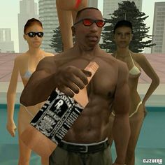 an animated man holding a bottle of beer in front of three other people wearing swimsuits