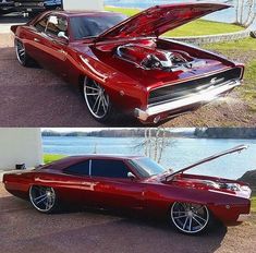 two pictures of a red muscle car with the hood open