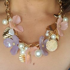 Gorgeous Statement Necklace Gold Charms Blush Pink And Lavender Colored Flowers Statement Necklace Gold, Pink And Lavender, Gold Charms, Colored Flowers, Gold Statement Necklace, Lavender Color, Gold Charm, Necklace Gold, Pink Red