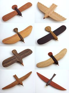 six different types of knives made out of wood