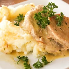 a white plate topped with mashed potatoes and meat