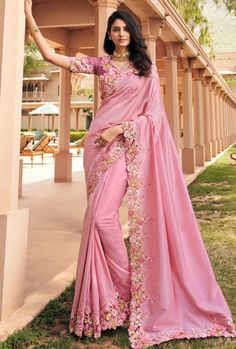 Baby Pink Saree, Indian Wedding Sari, Pink Sari, Wedding Sari, Latest Indian Saree, Designer Silk Sarees, Indian Silk Sarees, Designer Sarees Online, Embroidery Saree