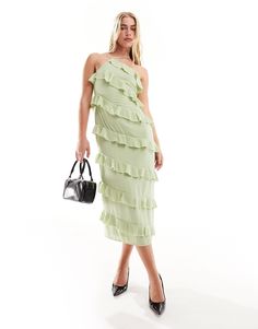 Pretty Lavish one shoulder ruffle midaxi dress in sage green | ASOS Chic One Shoulder Ruffled Dress For Spring, Summer Formal Maxi Dress With Ruffled Straps, Summer Maxi Dress With Ruffled Straps For Formal Events, Elegant Spring Midi Dress With Ruffled Straps, Formal Summer Maxi Dress With Ruffled Straps, Chic One Shoulder Dress With Ruffles For Spring, Chic One-shoulder Ruffle Dress For Spring, Formal Maxi Dress With Ruffled Straps For Summer, Chic Green Strapless Midi Dress