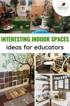 the inside of an indoor space with lots of trees and pictures on the walls, including bookshelves