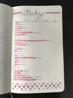 an open planner with pink hearts on it and the word study written in cursive writing