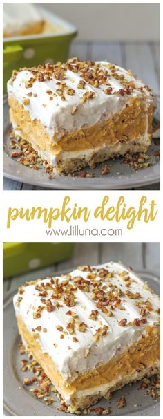 pumpkin delight cake with cream cheese frosting and pecans sprinkled on top